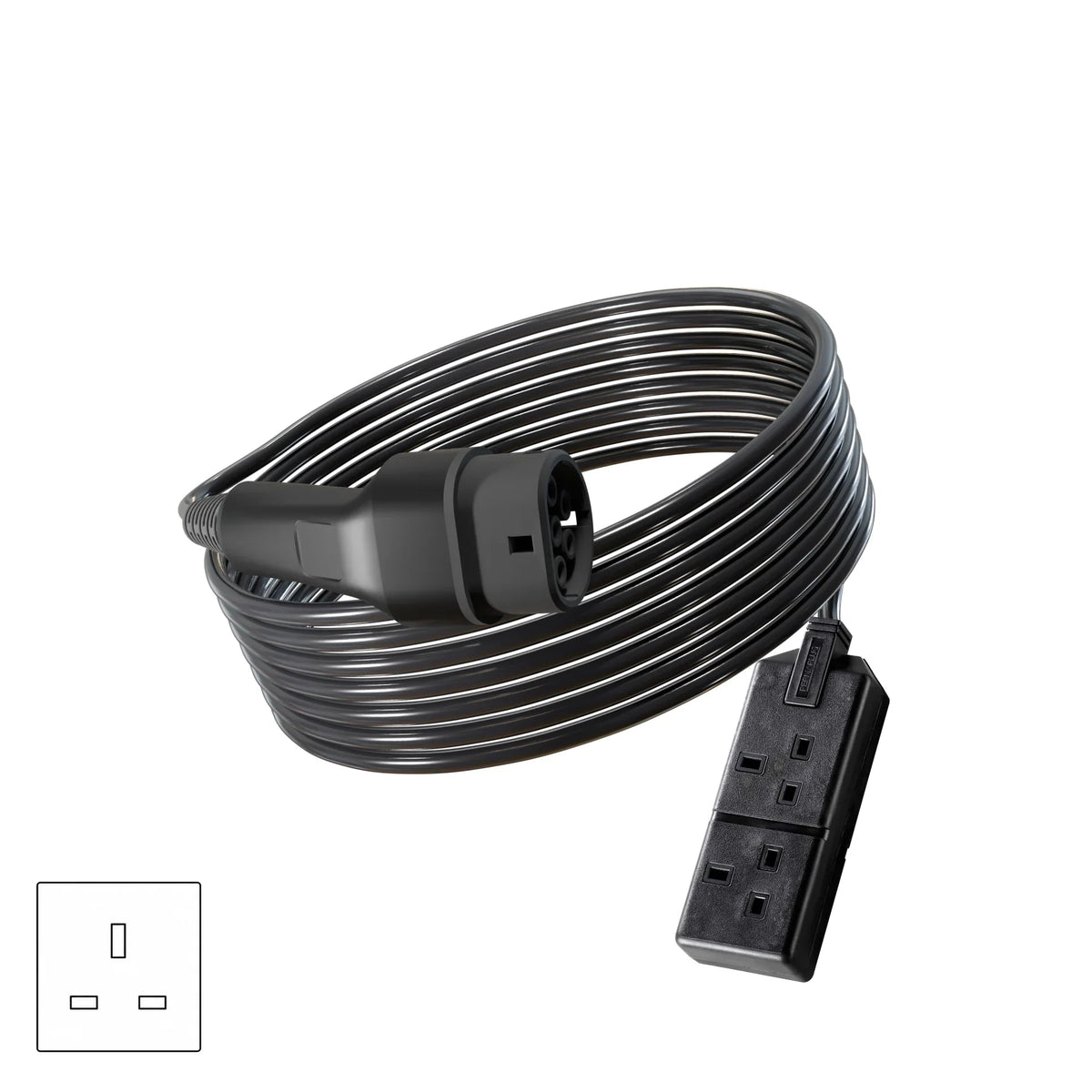 Wottz V2L vehicle to load discharge cable with UK double socket 7.5-15m front view in black