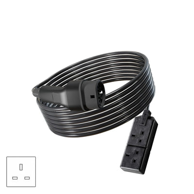 Wottz V2L vehicle to load discharge cable with UK double socket 7.5-15m front view in black