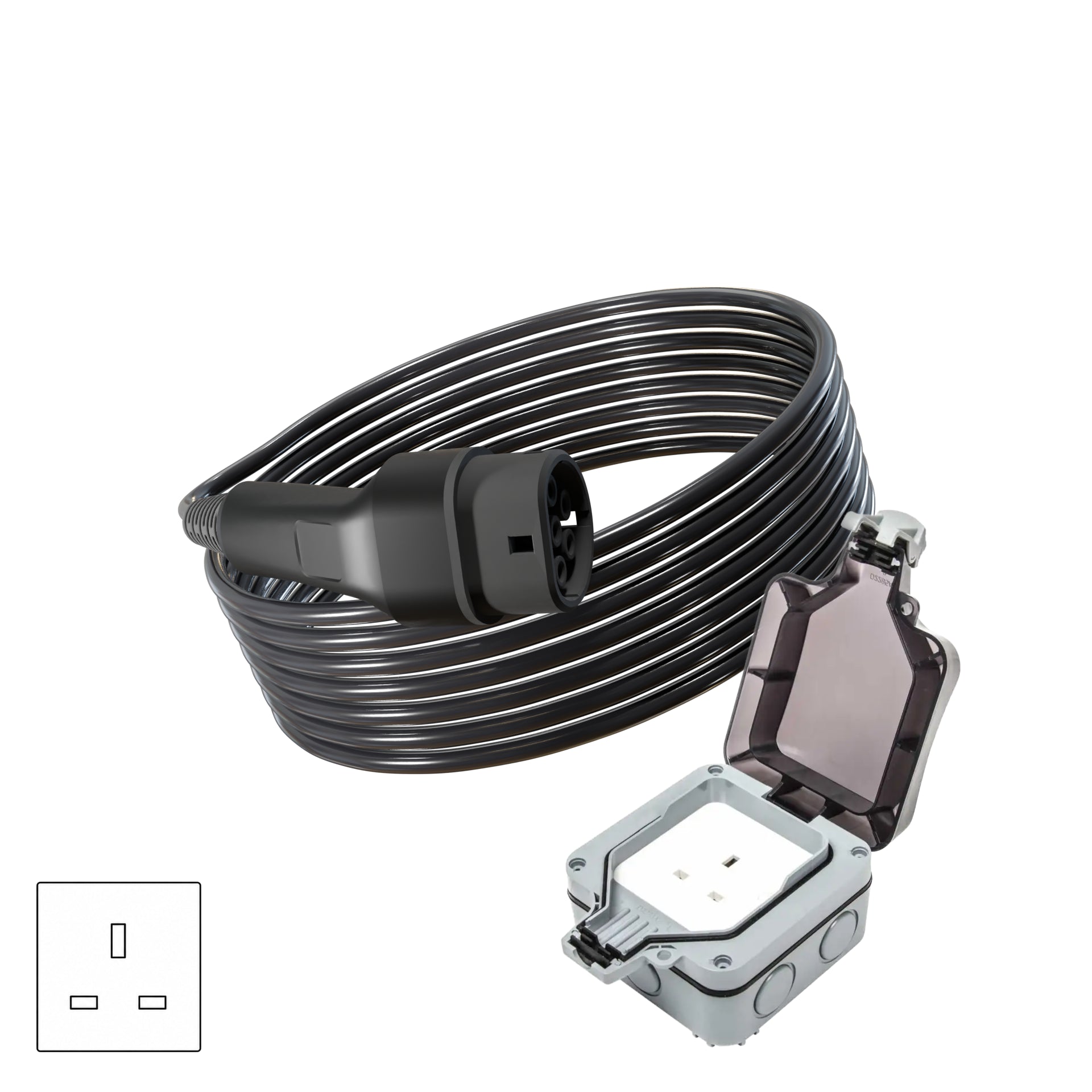 Wottz V2L vehicle to load discharge cable with weatherproof single socket 7.5-15m front view in black