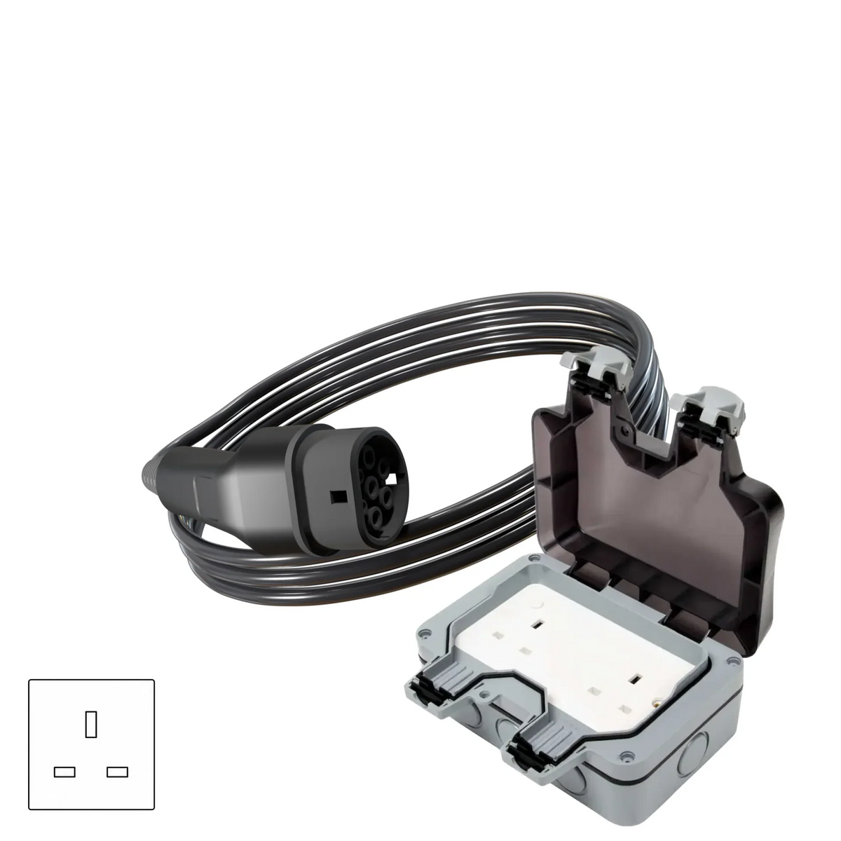 Wottz V2L vehicle to load discharge cable with weatherproof double socket 0-5m front view in black