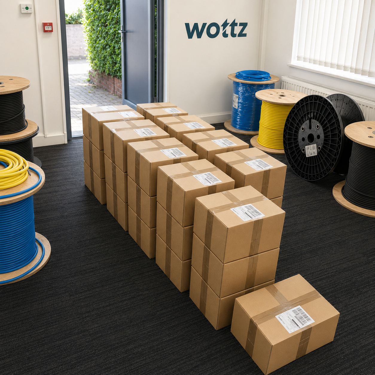 Rows of boxed Wottz EV charging cables ready for dispatch in the warehouse with cable reels in the background